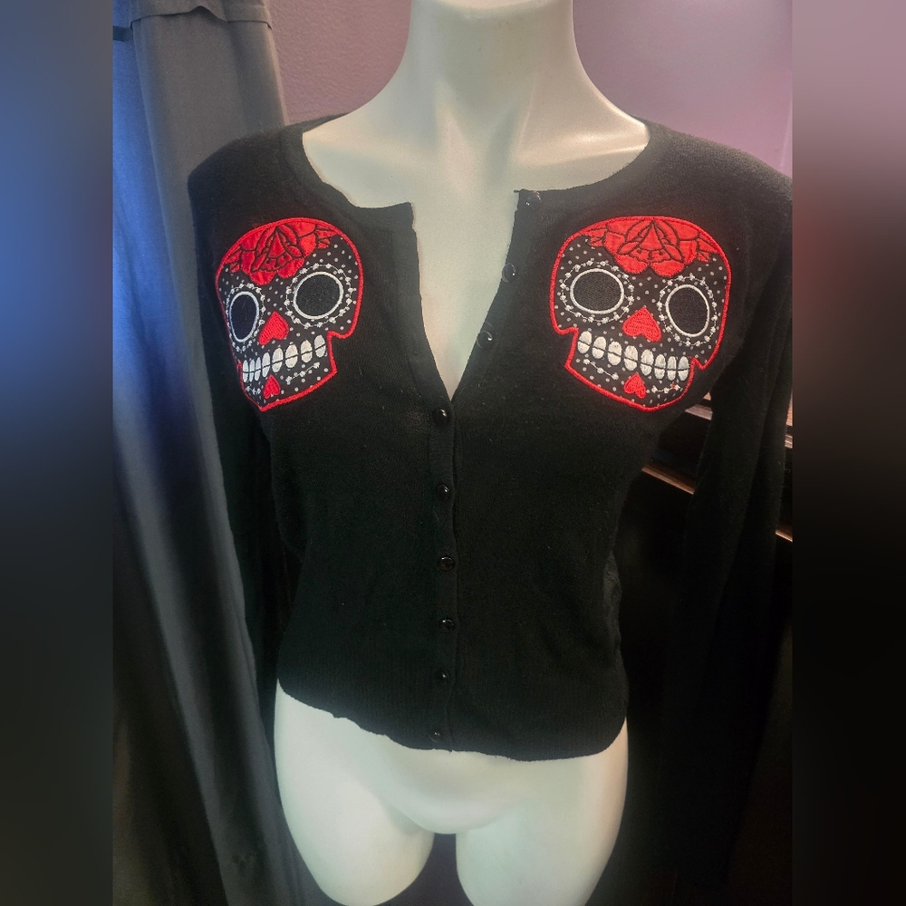 NWOT Black Cardigan with Red Skull Design